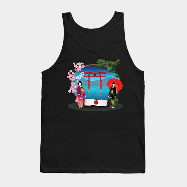 Geishas with Flag of Japan and Sakura Tank Top by XOZ